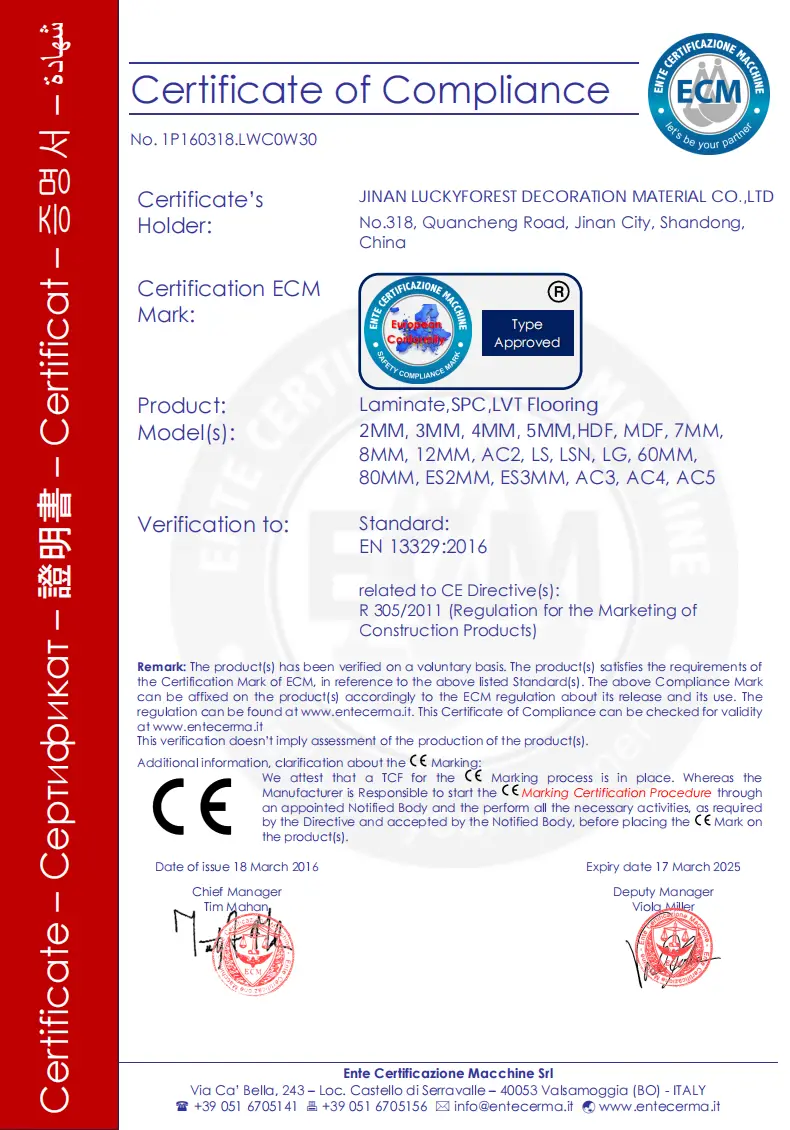 Certificado CE Piso SPC LABSUN